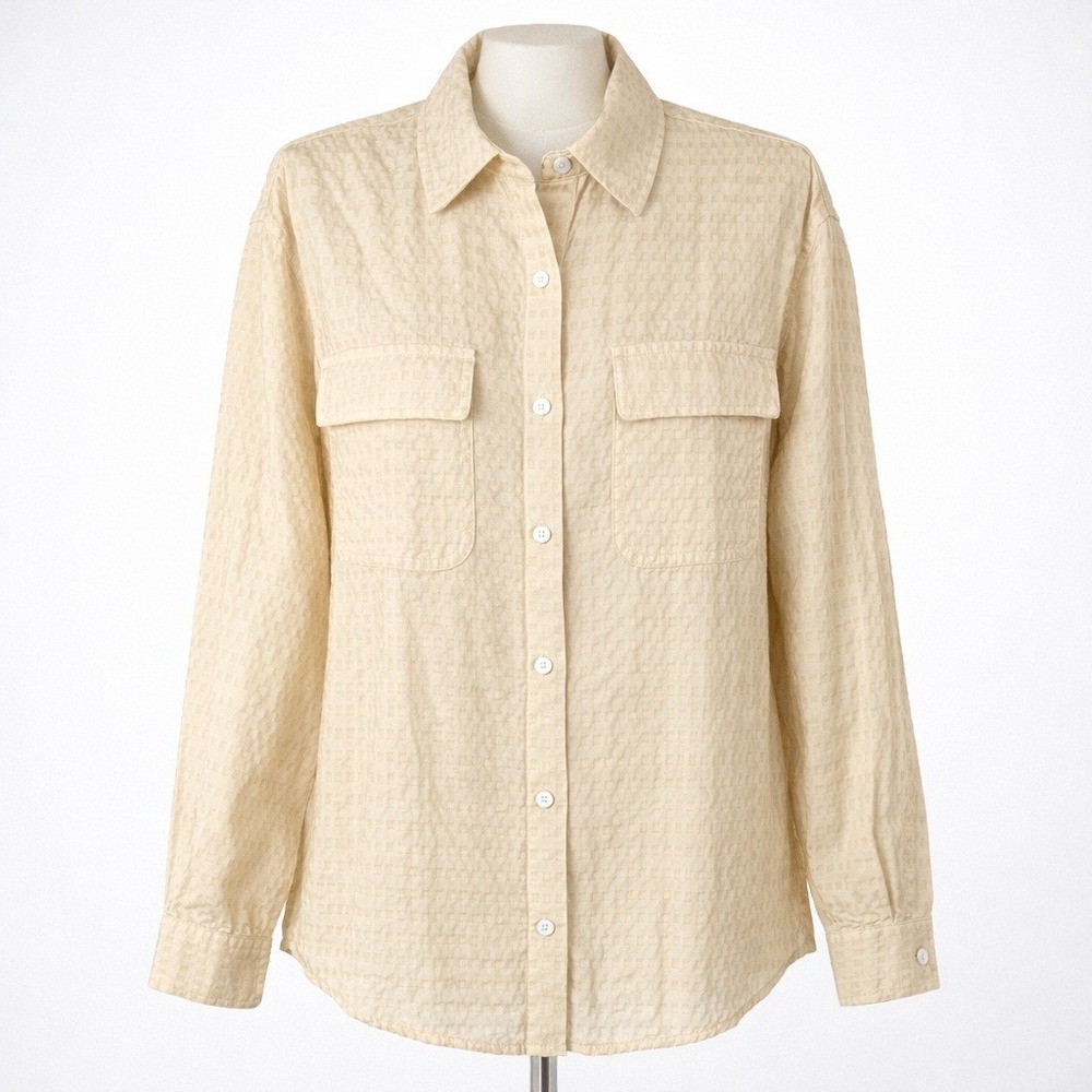 Vintage Y2K Womens Textured‎ Button Shirt Size S Tan Gold Preppy Office Classic